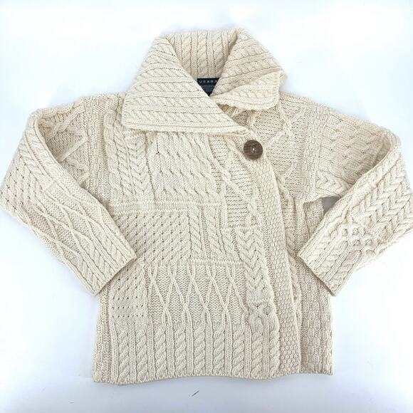 Clan Aran Women's S Cream Merino Wool Patchwork Knit Cardigan Collar Button - Picture 8 of 11